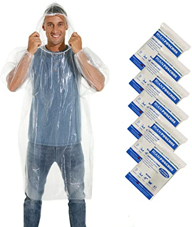 6-pack poncho vattentät regnponcho för vuxna – engångsponchos för män och kvinnor med huva och ärmar för utomhusrekreation, festivaler, camping, vandring, Klar