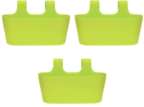 Engelland 3 x Blumenkasten zum Auf-Hängen, Farbe: Grün, Blumentopf, oval, Balkon, Übertopf, Pflanzkasten, mit Wasserspeicher/Wasserauffangschale