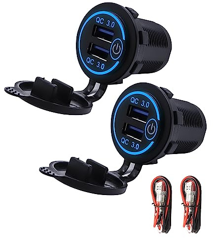 HISports Dual USB Car Charger Socket Quick Charge 3.0 Car Charger Socket with Touch Switch & Blue LED Cigarette Lighter Socket 12V/24V for Marine, Boat, Motorcycle, Truck, Golf Cart 2Pcs