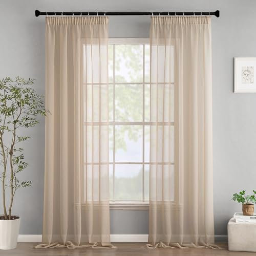 Woaboy Gardinen mit Kräuselband Voile Vorhänge Wohnzimmer Transparent Sheer Curtains Stores Gardine Schlafzimmer Modern Schlaufengardinen 2er Set 140x225cm (BxH) Beige