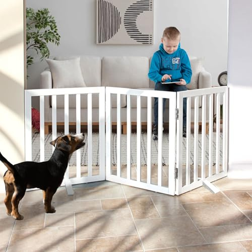 SFJC Dog Gate Indoor, Freestanding Dog Fence for The House, Doorways, Hallways,or Stairs,Pet Gate Foldable Wooden,Expandable 24 Height 3 Panels,White