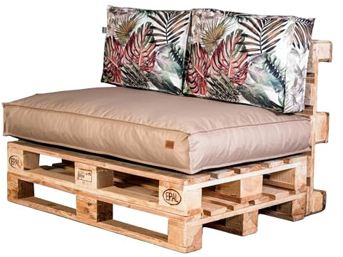 GoldenGroup Gartenset Kissen für Palettenmöbel Cappuccino & Blumen - Strapazierfähiges Gewebe - Palettenkissen Set Gefüllt mit Schaumgranulat - 120x65x10 Sitzkissen - 120x40x10 Rückenkissen