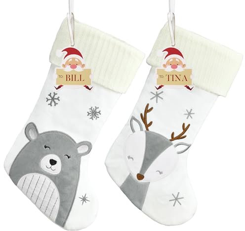 Valery Madelyn Weihnachtsstrumpf 46cm für Weihnachtsdeko,2er Kinder Nikolausstiefel zum Befüllen,Groß Nikolausstrumpf hängende Kamin Weihnachtsbaum,Silber Weiß Christmas Stocking