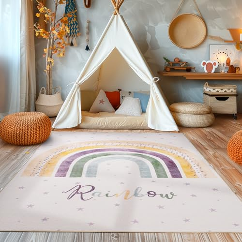 SIMPEX Kinderteppich Mehrfarbig 140x200 cm Regenbogen Design Modern rutschfest Waschbar Pflegeleicht Extra Weich Antiallergen Babyteppich Kinderzimmer Jungen Mädchen
