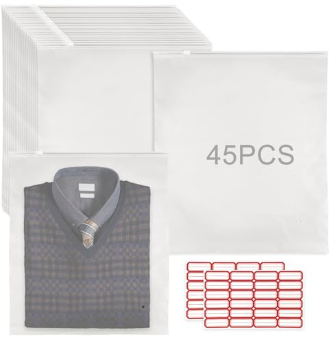 45 Pezzi Sacchetti Vestiti Viaggio con Zip Kit,40x35cm Buste per Indumenti Sacchetti Plastica Richiudibili, Impermeabili Smerigliato Maglioni Valigia Organizer, per Indumenti, Scarpe