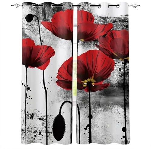 Rptidmv Vorhänge mit Ösen Mohnblume Vorhang Blickdicht Verdunklungsvorhänge Thermovorhang Schallschutz - Wohnzimmer Schlafzimmer Büro Deko Garten 2er Set -140 x 245 cm (B x H)
