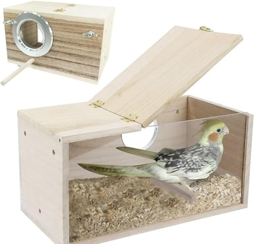 Losxuido Massivholz Papagei Zucht Box Wellensittich Holz Zuchtbox Vogelzuchtbox Wellensittichhaus Sittich Nistkasten Vogelhaus für Wellensittich Exoten Papagei Sittich (Sichtbar)