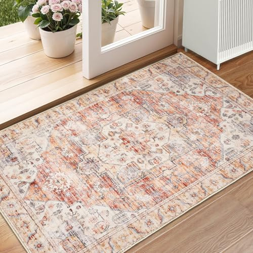 XSIVOD Entryway Rug Indoor Door mat, Orange Small Washable Area Rugs for Kitchen Bathroom Mat, Low Pile Vintage Rug, Non-Slip Bedroom Carpet for Front Door Entrance Welcome Mat, 60 x 90 cm