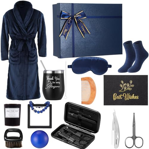 Nuogo 15 Pcs Birthday Gifts for Men Beard Care Set,Unhooded,Navy | Christmas Basket Set, Spa Gits Baskets, Best Man Proposal Gifts, with Robe, Tumbler, Grooming Tools, for Dad Husband Father