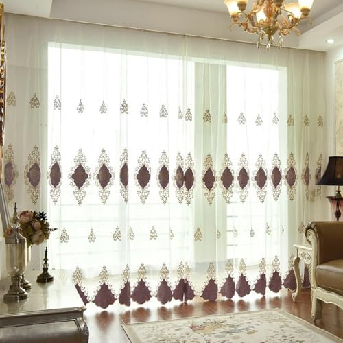 Wycian Fertiggardinen Gardinen 2er Set Lila Voile Blumen Bestickt H229 x B107 cm (2er Pack) Polyester