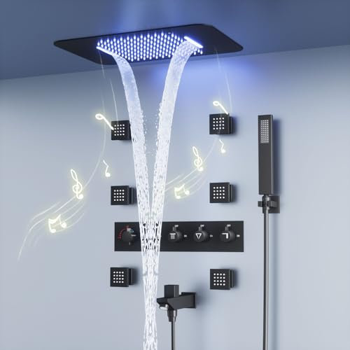 Unterputz Duschsystem mit Thermostat Schwarz Matt 53×38 cm Duscharmatur Set mit LED Musik Regen-Wasserfall überkopfbrause, 6 Körperdüsen, armatur und Handbrause, gleichzeitig verwenden können