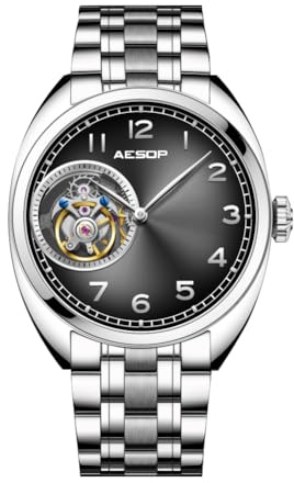 SEAKOSS Aesop Real Tourbillon - Reloj mecánico para hombre, esfera de zafiro aurora, impermeable, a la moda, negocios, Tira de acero negro