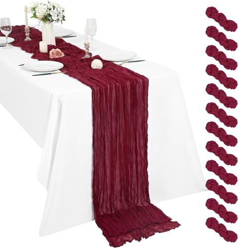 Pesonlook 12er Set Gaze-Tischläufer zur Hochzeit, 55 x 300 cm, Burgunderrot | Weiche Polyester-Gaze in Käsetuch-Optik mit lockerem Faltenwurf für Boho-Tischdeko, Geburtstage, Partys und Hochzeitsbögen