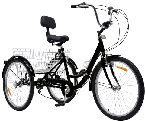 Ealtqund Dreirad für Erwachsene 24 Zoll 7 Gang Faltbares mit Getränkehalter, Frontlicht 3 Rad Fahrrad 210 kg Tragfähigkeit für Einkäufe, Freizeit und Senioren, Schwarz