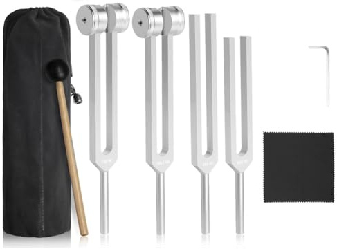 Wrtysully Stimmgabeln für Heilungsset (128 Hz, 136,1 Hz, 256 Hz, 384 Hz) mit Reflexhammer, Chakra-Klangtherapie-Instrumente