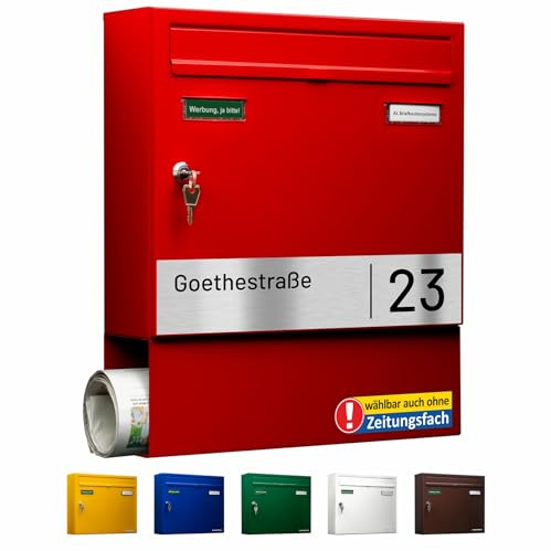 AL Briefkasten Systeme Basic-Line 1er Briefkasten personalisiert mit Namen Schild Straße und Hausnummer - Postkasten Rot modern mit Zeitungsfach - Gravur wetterfest Wandbriefkasten Zaunbriefkasten