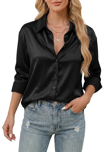 Stamain Women's Satin Blouse Silk Black Long Sleeve Button Down Shirt Casual Ladies Blouses Tunic Tops for Work Office Business M