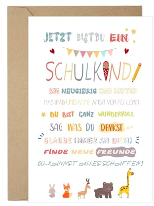 BMGRKYQX Einschulung Karte Glückwunschkarte zur Einschulung mit Umschlag Postkarte Schulanfag mit Motivation Karte Grußkarte für Mädchen und Junge