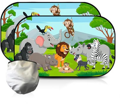 FOSDICK 2 Piezas Parasol Coche Bebe con Protección UV, Parasol Ventana Coche, Plegable Tapa Sol Carro Bebe, Película Electrostática para Sol para Coches Niños, Dibujos Animados de Animales, 51x31cm