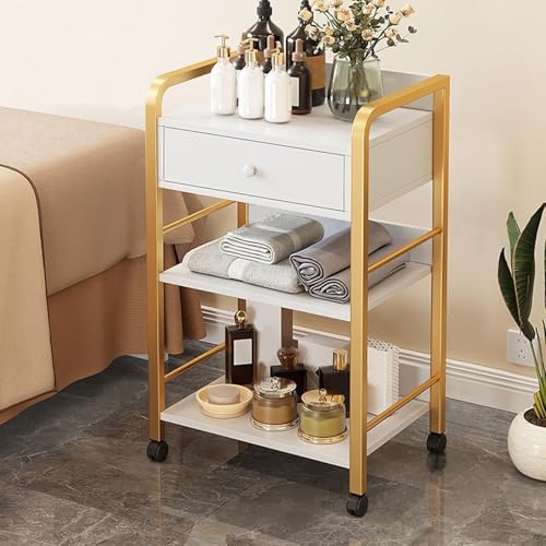 JingNian Friseurwagen Rollwagen mit Rollen Und Schubladen, Salon Trolley Mit Ablagen, Kosmetikwagen Arbeitswagen Weiß-Gold, Moderner Beistellwagen für Bad, Wohnzimmer, Büro, Beauty Salon(Gold a)