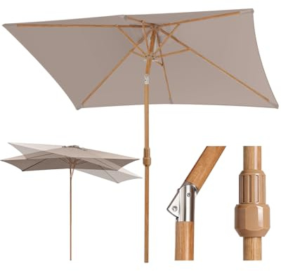 Sekey Sonnenschirm Rechteckig Auto-Knickbar UV50+ Holzoptik | 38mm Eisenmast, 6 Stahlstreben, für Garten/Balkon/Terrasse, Kurbel, rostfrei, GRS-zertifiziert, langlebig
