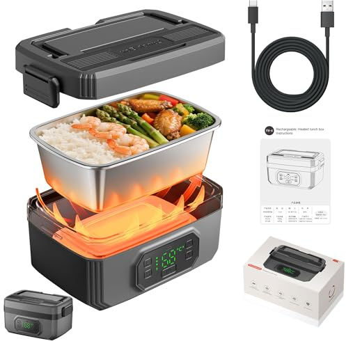 VVU&CCO Portable Electric Lunch Box for Adults, 24000mAh Battery Powered | Rechargeable Heated Lunch Box with Timer&Appointment Time, 1.6L 304 SS Inner,Food Warmer for Office/Travel/Picnic/Camping