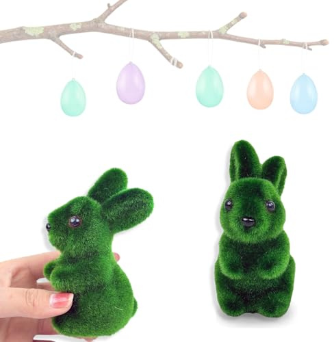 YCZARD 2Pcs Moss Flocked Bunny Easter Decorations 11CM Moss Rabbit Figurines Grass Furry Bunny Figurine Topiary, Spring Party Garden Yard Decor