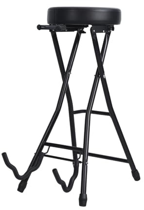 Fukursul Foldable Guitar Stool With Adjustable Footrest – Portable Chair For Practice And Performance – Includes Secure Guitar Hook For Instrument Storage Black