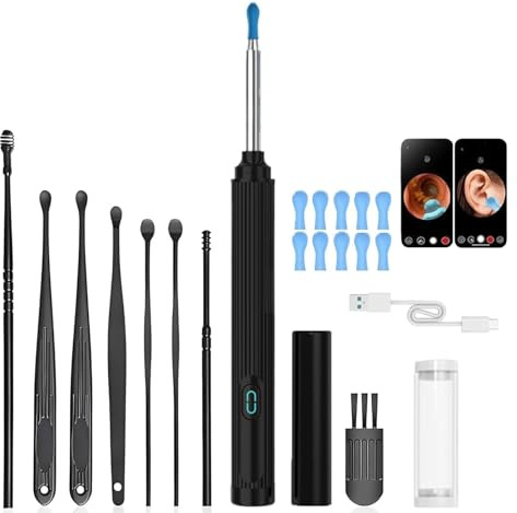 10MP HD Ear Cleaner with Camera and Light, 2-in-1 Ear Wax Removal Kit with Camera, Precision Tweezers & Silicone Scoop, Wireless & Easy to Use, IP67 Waterproof Lens (Black)