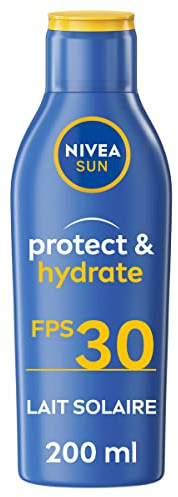 NIVEA SUN Protect & Hydrate Sonnenmilch LSF 30 (1 x 200 ml), hochwirksame Sonnencreme, UV-Schutz für Erwachsene, feuchtigkeitsspendend und wasserbeständig