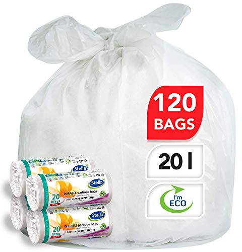 Stella Pack Bolsas de Basura de Plástico 120 Unidades de 20 Litros Color Blanco Resistentes y Flexibles Con Cierre Tipo Onda Ideales Para Uso Multiuso en Hogar y Oficina