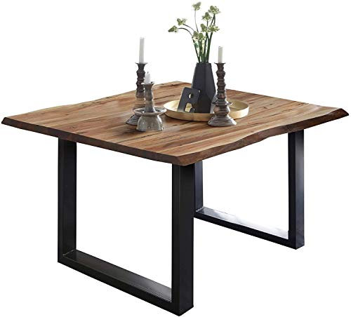 SAM Esszimmertisch 80 x 80 cm Mephisto, Baumkantentisch naturfarben, Akazienholz massiv, U-Gestell aus Metall schwarz