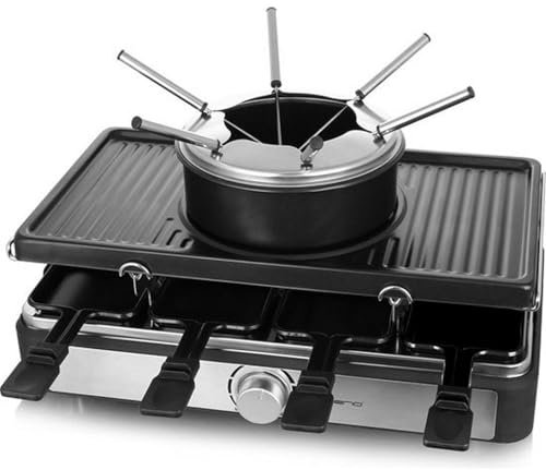 Emerio Diversión de fiesta para hasta 8 personas con esta combinación 3 en 1 de parrilla de raclette y fondue de queso para un placer de barbacoa variado, incluye 8 sartenes, 8 espátulas, 6 tenedores