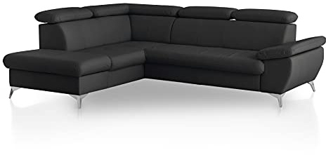 Mivano Eckcouch Gisele / Ecksofa mit Schlaffunktion, Stauraum, Armteilfunktion und Kopfteilverstellung / 256 x 83 x 209 / Kunstleder, Schwarz