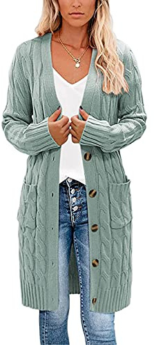 kinstell Women's Long Sleeve Button Top Chunky Aran Cable Knitted Long Length Boyfriend Grandad Cardigan Brown