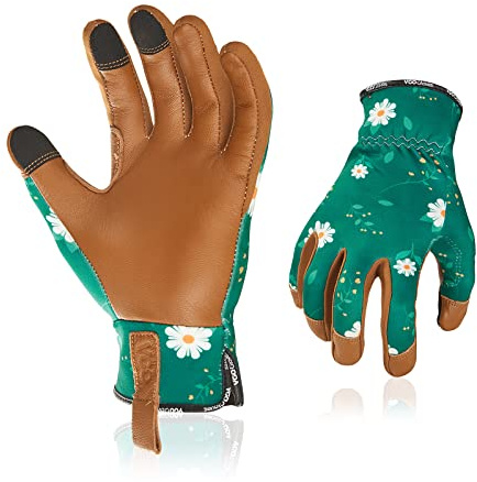 Vgo... Gants de jardinage cuir pour femmes, contre les épines, gants de travail jardinage de sécurité, protection anti-rayures,anti-abrasion(GA7476,Vert foncé,9/L,1Paire)