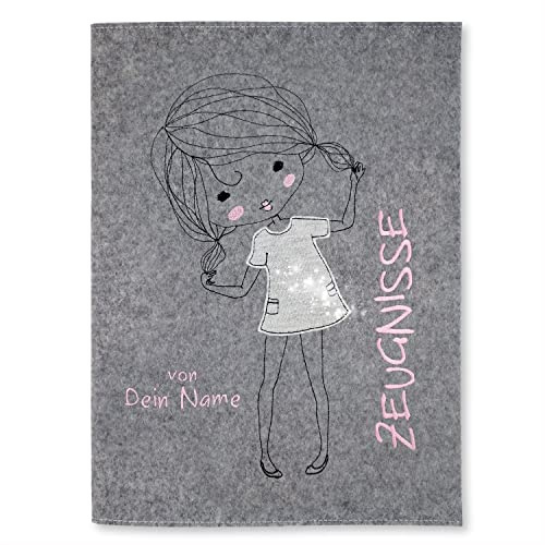 Goldi-Design Zeugnismappe Süßes Mädchen grau/glitzer personalisiert mit Namen 100% Wollfilzumschlag und Sichtbuch DIN A4 mit 20 Hüllen