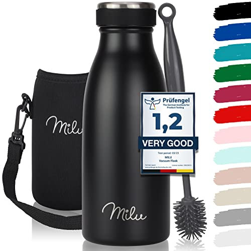 Milu Edelstahl Trinkflasche 350ml, 500ml, 750ml, 1L, 1,5L – Thermosflasche für Kinder Erwachsene auslaufsicher Isolierflasche Kohlensäure geeignet– inkl. Reinigungsbürste (Schwarz, 350ml)