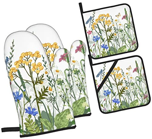 Botanical Vintage Colorful Herbs and Wild Flowers Floral Ofenhandschuhe und Topflappen Sets mit 4 Küchen-Hitzebeständigen Ofenhandschuhen rutschfeste Grill-Topfhalter Hot Pads zum Kochen, Backen, Gri