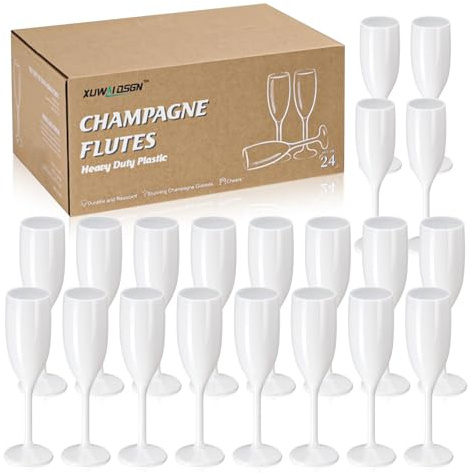 XUWAIDSGN Champagne Flute Acrylic Champagne Glasses Wedding Toasting Champagne Flute Goblet Plastic Reusable Unbreakable Champagne Cups for Bachelorette Wedding Bridal Shower Party (White, 24)