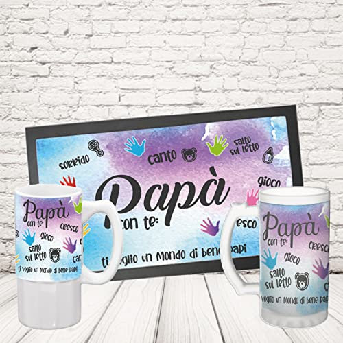 Kit Barman COPPIA TAPPETINO per BANCONE da BAR PIÙ BOCCALE ” DIVERTIRSI CON PAPA’ “ Bicchiere BIRRA IN CERAMICA O VETRO SATINATO PERSONALIZZABILE idea regalo per Papà