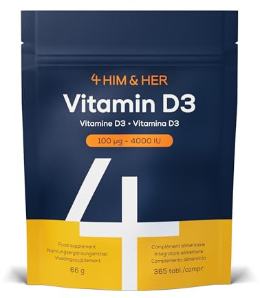 4 HIM & HER Vitamin D3 4.000 I.E. Vitamin-D-Tabletten - 365 Tabletten - Unterstützung für Immunsystem & Knochen - Vegetarisch, Laborgeprüft, Glutenfrei & Laktosefrei