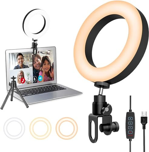 Pnitri 6'' con treppiede e Clip Lampada Anulare Regolabile，3 Modalità di Colore e 10 Livelli di Luminosità per Belle Foto o Tik Tok Video Shooting, Live Streaming, Makeup