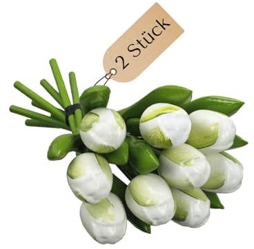 MomoMoments Tulpenstrauß aus Holz für die Liebste, 9 Holztulpen handbemalt, 20 cm hoch, Gelb-Orange, Blumenstrauß, Dekoration, Kunstblumen, Made in Holland (2, Weiß-Grün)