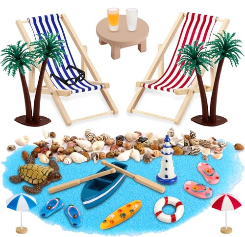 Royouzi 27 Stück Strand-Mikrolandschaft Mini-Stranddekorationen Miniatur Dekoration Mini Liegestuhl Deko Strandkorb Sonnenschirm Kleine Palme Deko Accessoires für DIY Zen Garten Dekoration (B)