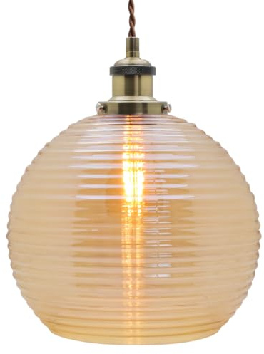 Ribbed Glass Globe Pendant Light Amber Modern Vintage Smoked Glass Ceiling Pendant Lamp Brass Fitting K408