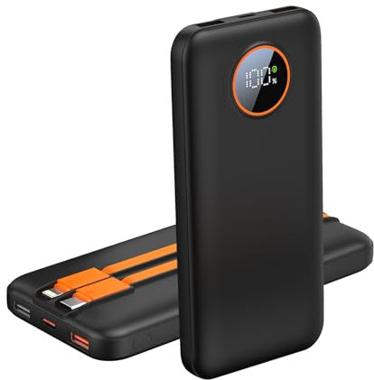 Power Bank, 10000mAh Portable Battery Pack with Built in 2 Output Cables,PD 22.5W Fast Charging USB C LED Display Phone Charger for iPhone 16/15/14/13 Samsung Galaxy iPad Android and More (Black)