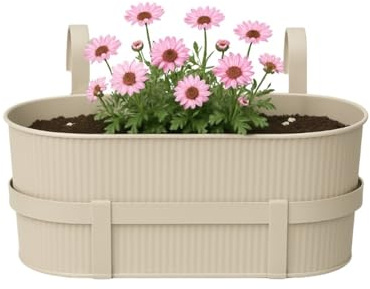 PALUPLUS Fioriera in Metallo per Balcone di colore Beige, Misura 36x18x16 cm, Vaso per ringhiera con Ganci, Balconiera da Appendere a Finestre e Balconi -1201F-1,35