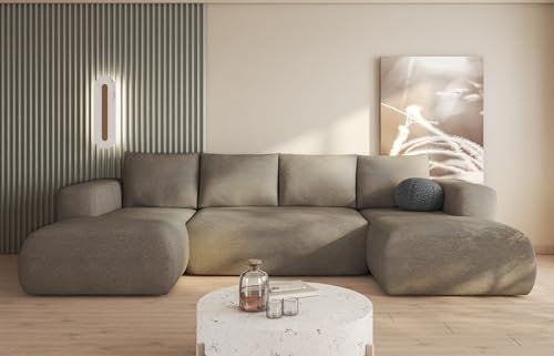 MODERNO Ecksofa mit Schlaffunktion und Bettkasten LAMBI U - Sofa mit +3 Sitzen - Schlafcouch Wohnlandschaft U Form - Modern Couch 338x164x89 cm - Big Sofa XXL Grau Beige