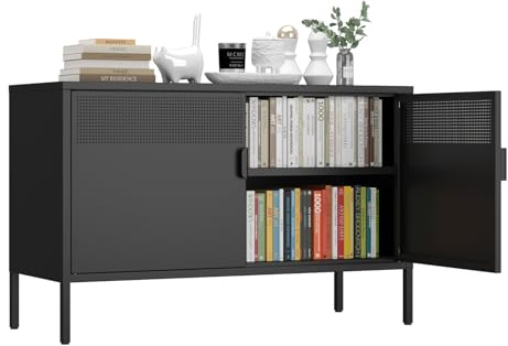 XIUSVON Metal Storage Cabinet,2 Door TV Stand, Metal Mesh Accent Cabinet,Magnetic Door Closure,Low Storage Cabinets with Doors and Shelf for Home,Office,Living Room